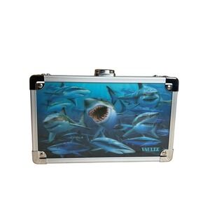 Vaultz Locking Pencil Box Blue 3D Shark Graphic Rugged Storage Case Chrome Trim